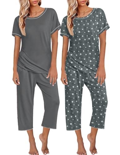 Ekouaer 2 Pack: Women's Pajamas Short Sleeve Sleepwear Tops and Capri Pants Pjs Deep Grey，Stars L - Image 1