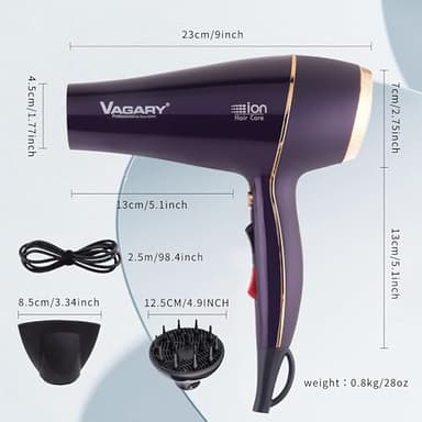 VAGARY 6690A Salon Pro Hair Dryer for Women,2200w Powerful AC Motor Fast Drying, Ionic Blow Dryer for Thick Hair,2 Speeds and 2 Heat Settings 1 Cool Shot Button(1 Diffuser and 1Concentrator) - Image 6