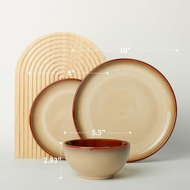 Pokini Ceramic Dishes Set for 8, 24 Piece Stoneware Dinnerware Sets, Chip and Scratch Resistant, Easy to Stack & Clean, Modern Rustic Look, Brown Yellow - Image 2