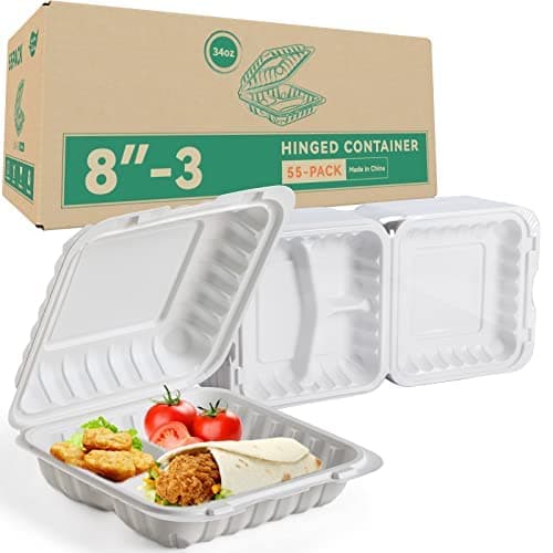 LEOBOX Takeout Container Mineral Filled PP Plastic - 55 Pack 8 Inch 34oz | Shrink Wrap BPA Free Food Container | Freezer & Microwave Safe for Food Delivery | White 3 Compartment Disposable Lunch Boxes - Image 1