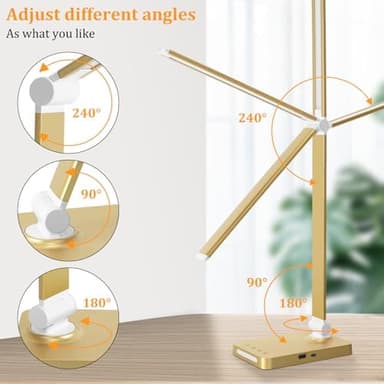 LED Desk Lamp with USB Ports,Touch Desk Lamps for Home Office with 5 Color Modes,3 Brightness Desk Light with Small Night Light,Reading Lamp Table Lamp for Bedroom Bedside Study Gold （with Adapter） - Image 8