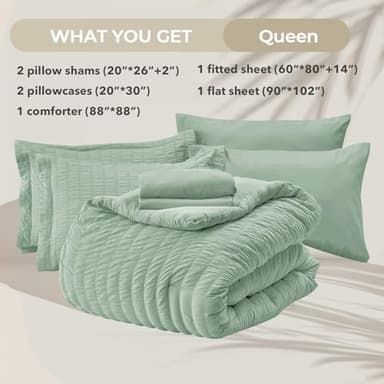 HYMOKEGE Sage Green Queen Comforter Set Seersucker 7 Pieces, All Season Luxury Bed in a Bag for Bedroom, Bedding Set with Comforters, Sheets, Pillowcases & Shams - Image 5