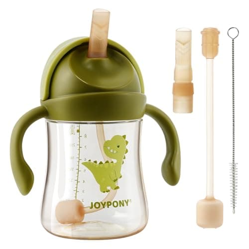 Joypony Sippy Cups for Toddlers 1-3, Spill Proof Weighted Straw Cup with Handle for Baby 6 Months + old, 2 Silicone Straws, PPSU, BPA Free, 9 oz (Green) - Image 1
