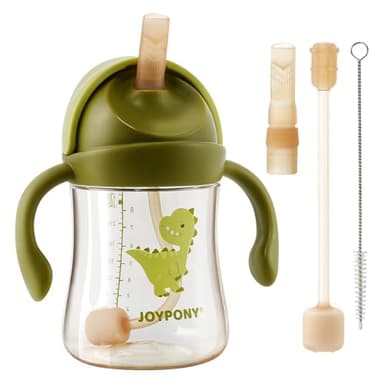 Joypony Sippy Cups for Toddlers 1-3, Spill Proof Weighted Straw Cup with Handle for Baby 6 Months + old, 2 Silicone Straws, PPSU, BPA Free, 9 oz (Green) - Image 1