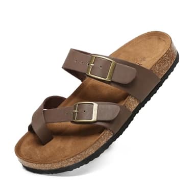 Yozuru Womens Cork Footbed Sandals Comfort Open Toe Slides Adjustable Buckle Beach Summer Flat Sandals with Arch Support - Image 1