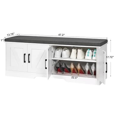 HOMSHO 2-Tier Storage Bench, 47.2" Wide Shoe Bench with Padded Seat Cushion, Entryway Bench with 4 Barn Doors and Adjustable Shelf, White - Image 3