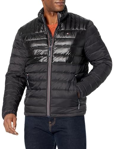 Tommy Hilfiger Men's Ultra Loft Lightweight Packable Puffer Jacket (Standard and Big & Tall), Black Shiny/Matte Combo, Large - Image 1