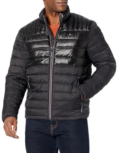 Tommy Hilfiger Men's Ultra Loft Lightweight Packable Puffer Jacket (Standard and Big & Tall), Black Shiny/Matte Combo, Large - Image 1