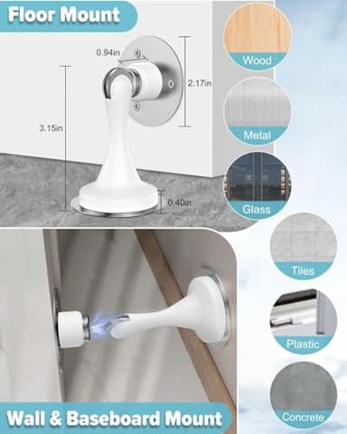Door Stoppers Magnetic Door Catch - 6 Pack Stainless Steel Heavy Duty Door Stops for Bottom of Door, Wall & Floor Mounting No-Drill Strong Adhesive & Screws, Strong Door Holder to Keep Door Open,White - Image 3