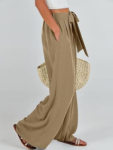 Caracilia Women Wide Leg Palazzo Pants Summer High Waist Flowy Casual Trousers Loose Lounge Beach Travel Vacation Clothes Khaki XX-Large - Image 4