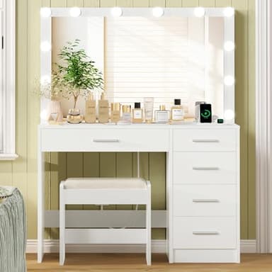 usikey Vanity Desk with Mirror and Lights, Vanity with Charging Station, Makeup Vanity with Large Mirror & 5 Drawers, Dressing Vanity Table with Stool for Bedroom, White - Image 1