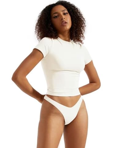 SUUKSESS Women Double Lined Fitted Basic Tee Shirts Crew Neck Short Sleeve Y2K Going Out Crop Tops (Pearl, S) - Image 3