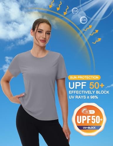 MAGCOMSEN Women Short Sleeve Rash Guard Shirts Athletic Workout Tops Quick Dry Hiking Shirts Women Tennis Activewear Tops Light Grey,XL - Image 2