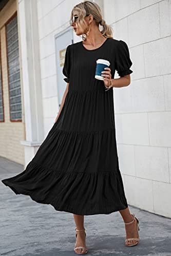 PRETTYGARDEN Summer Dresses for Women 2025 Casual Floral Boho Midi Sun Dress Puff Short Sleeve Flowy Beach Vacation Sundress (Solid Black,Small) - Image 3