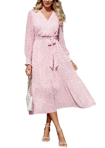PRETTYGARDEN Women's Floral Boho Dress Fall Long Sleeve Wrap V Neck Ruffle Flowy Maxi Spring Wedding Guest Vacation Dresses (Pink,Small) - Image 1