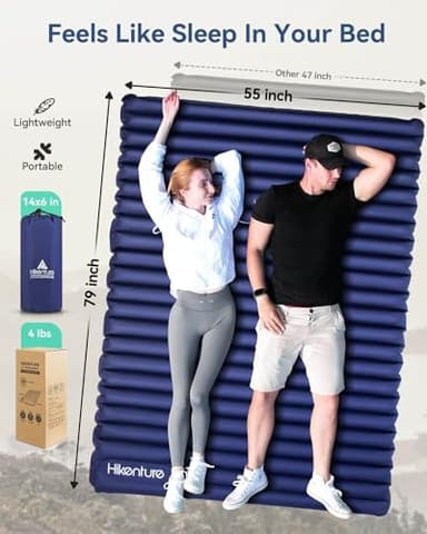 Hikenture Double Sleeping Pad for Camping, 4" Extra-Thick Camping Mattress 2 Person, Inflatable & Ultralight Sleeping Mat for Backpacking, Hiking (Navy Foot Pump, Full XL) - Image 2