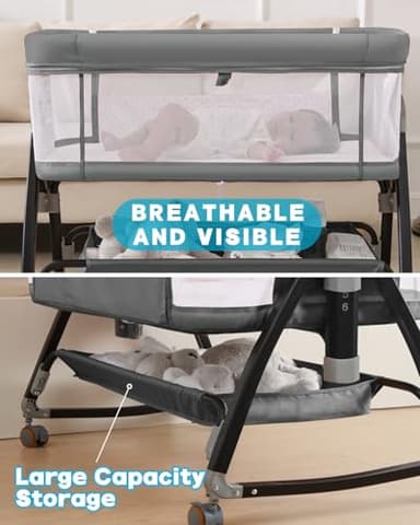 wayfong Baby Bassinet, Bassinet Bedside Sleeper with Wheels, Breathable Mesh Bedside Bassinet for Baby, Mosquito Net, Storage Basket, 6 Height Adjustable, Easy to Fold, Grey - Image 5