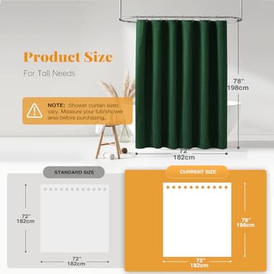 BTTN Long Fabric Shower Curtain, 78 Inch Linen Textured Heavy Duty Polyester Cloth Shower Curtain Set with 12 Plastic Hook, Hotel Luxury Waterproof Shower Curtain for Bathroom - 72x78, Emerald Green - Image 3