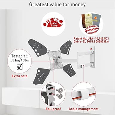 Barkan Long White TV Wall Mount, 13 - 80 inch Full Motion Articulating - 4 Movement Flat / Curved Screen Bracket, Holds up to 110lbs - Image 3