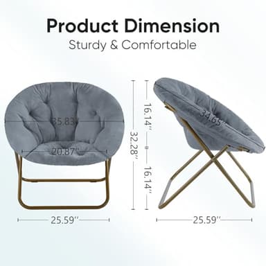 DUMOS Comfy Saucer Chairs Cozy Faux Fur Soft Lounge Cute Folding Bedroom Living Room Seat Flexible Reading Foldable Seating for Kids Adults Thick Padded Metal Frame Modern for Home Office Classic Gray - Image 3