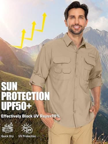linlon Mens Safari Shirts Long Sleeve UV Protection Hiking Fishing UPF 50+ Quick Dry Cooling Camping Travel Shirts#5066-Khaki-XL - Image 4