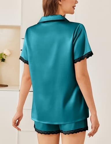 Ekouaer Womens Pajama Sets Short Sleeve Silk Pajamas Satin Button Down Pj Set Silk Pajamas Set Shorts,Large Blue Green - Image 4