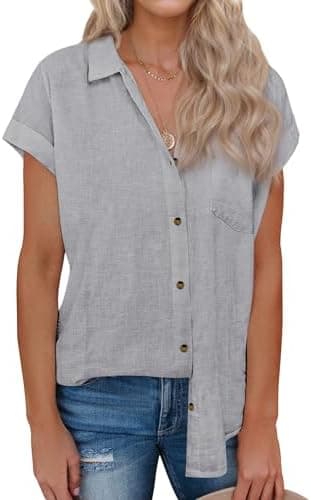 siliteelon Linen Shirts for Women Button Down Shirts Short Sleeve Cotton Collared V Neck Solid Casual Blouses with Pocket - Image 2