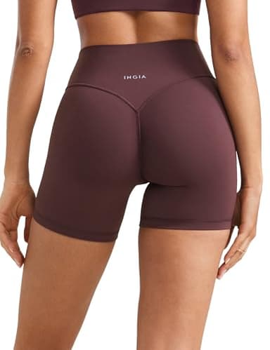 INGIA Womens High Waist No Front Seam Scrunch Butt Biker Shorts 5 Inches V-Back Scrunch Booty Gym Workouts Plumbrown Small - Image 1