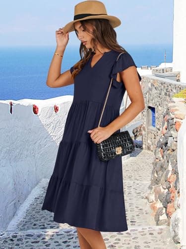 ANRABESS Womens Summer Ruffle Sleeve V Neck Floral Print Midi Dress 2025 Fashion Casual Fit Flowy Tiered Boho Beach Vacation Sundress Deep Navy Blue-S - Image 3