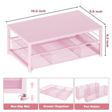 OPNICE Desk Organizers and Accessories, 2-Tier Computer Monitor Stand Riser with Drawer and 2 Pen Holders, Laptop Stand, Office Desk Accessories for Office Supplies, Pink - Image 3