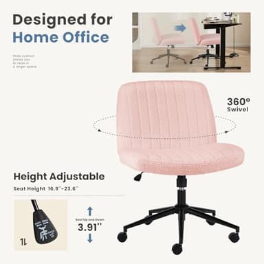 DUMOS Criss Cross Chair with Wheels, Legged Office Armless Wide Desk Seat with Dual-Purpose Base, Adjustable Swivel Teddy Fabric Task Vanity Home Bedroom, Pink - Image 6