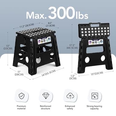 Delxo Folding Step Stool, 13 inch Non-Slip Foldable Stools Up to 300 LBS, Step Stool with Handle, Lightweight for Kitchen, Bathroom, Bedroom, Garden, Black, 1PC - Image 3