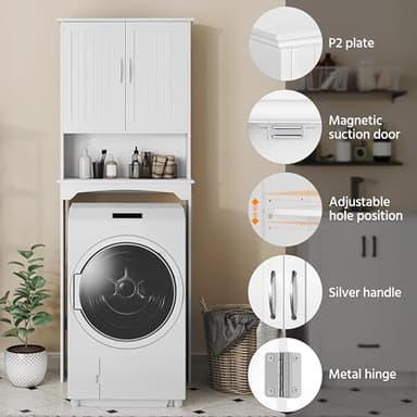 Yaheetech Over The Toilet Cabinet, Double Door Bathroom Storage Organizer, Toilet Rack with Inner Adjustable Shelf and Open Storage Shelf, White - Image 6