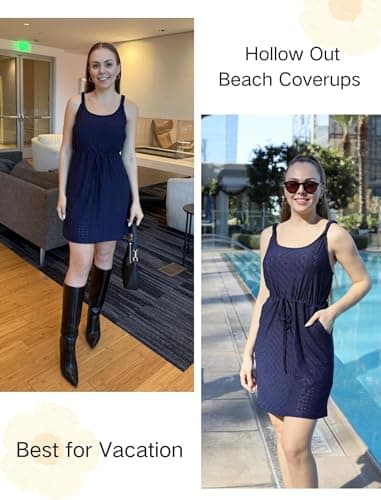 AI'MAGE Swimsuit Cover Up for Women Crochet Hollow Out Bathing Suit Coverups Sleeveless Beach Dress with Pockets Navy Blue, Small - Image 5