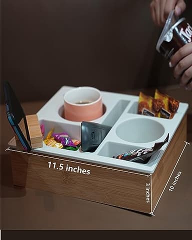 Hitseon Couch Cup Holder Tray, Handy Silicone Bamboo Couch Caddy with Rotatable Phone Holder for Bed Car Seat Organizer, Waterproof Anti-spill Sofa Cup Holder for Snacks Beverage Remote (Gray) - Image 4