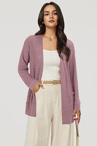 STYLEWORD Women's Casual 2025 Summer Fashion Cardigan Sweater Work Lightweight Open Front Knit Long Cardigans Outfits Spring Clothes with Pockets(Dark Purple-XXL) - Image 2