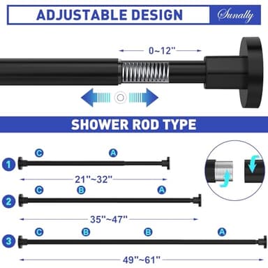 SUNALLY Shower Curtain Rods 32 to 61 Inch, Shower Tension Rod No Drilling Adjustable Shower Rods for Bathroom Non-Slip Stainless Steel Telescoping Shower Bar for Curtain, No Rust, Black - Image 2