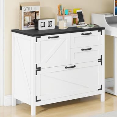 Lateral File Cabinet with 4 Drawers Farmhouse File Cabinet for Letter/Legal/A4 Size Hanging Files, Large Wood File Storage Cabinets Printer Stand for Home Office Cabinet, White and Black - Image 3