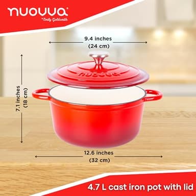 Cast Iron Pot with Lid – Non-Stick Ovenproof Enamelled Casserole Pot, Oven Safe up to 500° F – Sturdy Dutch Oven Cookware – Red, 5-Quart, 24cm – by Nuovva - Image 2
