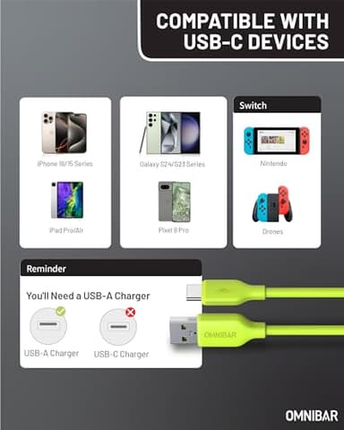 OMNIBAR Silicone USB A to USB C Cable (6FT, Lime Green), USB C Charger Cable Fast Charging for iPhone 17/16/15 iPad MacBook, Type C Charger Cord for Galaxy S25/S24 Pixel 9/8 Tablet Laptop CarPlay Cord - Image 6