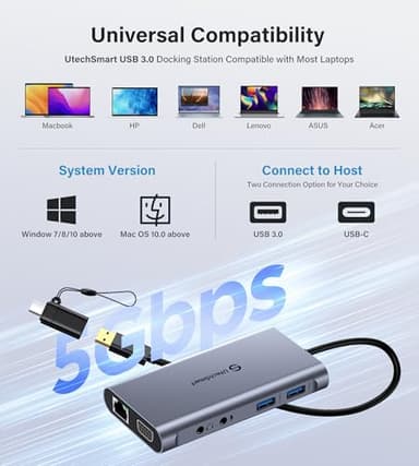 UtechSmart USB Docking Station, 11 IN 1 USB C Dock Triple Display, USB 3.0 Laptop Docking Station with Dual HDMI, VGA, PD, Ethernet, SD/TF, USB 3.0, Mic/Audio, Compatible for MacBook M1 Dell HP Lenovo - Image 4