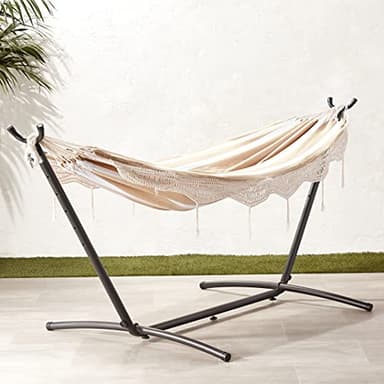 Amazon Basics Double Hammock with 9-Foot Space Saving Steel Stand and Carrying Case, 450 lb Capacity, Beige Stripe with Lace, 110 x 47 x 43 inches - Image 2