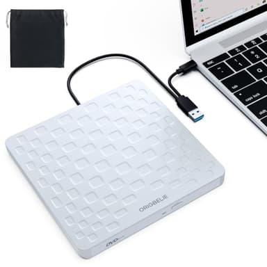 ORIGBELIE External CD/DVD Drive for Laptop, Ultra Slim 13mm USB 3.0 Type-C Portable DVD Player CD Burner Reader Writer Recorder for Desktop PC Windows 11/10/8/7 Linux Mac OS, White - Image 1