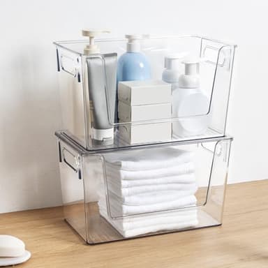 4 Pack Large Stackable Storage Bins, Plastic Container Organizer with Open Front, Pantry Organizers and Storage for Potato, Onion, Fruit and Vegetable, Clear Kitchen Laundry Organizer with Lid - Image 6
