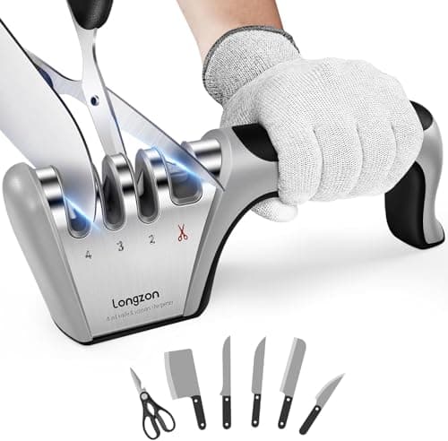 Longzon 4-in-1 Knife Sharpener [4 Stage] with a Pair of Cut-Resistant Glove, Original Premium Polish Blades, Best Kitchen Knife Sharpener Really Works for Fruit Knife and Steel Knives, Scissors - Image 1