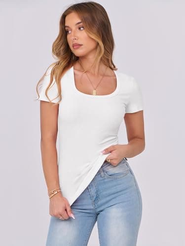 ANRABESS Women Short Sleeve Tops Scoop Neck Ribbed Knit Slim Fitted Basic Tee Shirts Casual Summer Clothes 2025 Fall Outfits White X-Large - Image 7