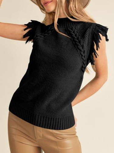 Saodimallsu Womens Mock Neck Sleeveless Sweater Vest Cable Knit Fringe Cap Sleeve Boho Trendy Pullover Tank Tops Black - Image 2