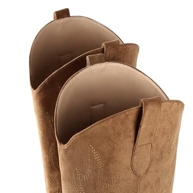 iiimmu Cowgirl Boots Knee High Pointed Toe and Block Heel Suede Cowboy Boots for Women with Embroidered, Light Brown Size 9 - Image 8