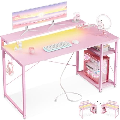 MOTPK 48 Inch Gaming Desk with Storage & Led Lights, Computer Desk with Power Outlet & Shelf, Reversible Gamer Desk with Adjustable Monitor Stand, Carbon Fiber Texture Pink - Image 1