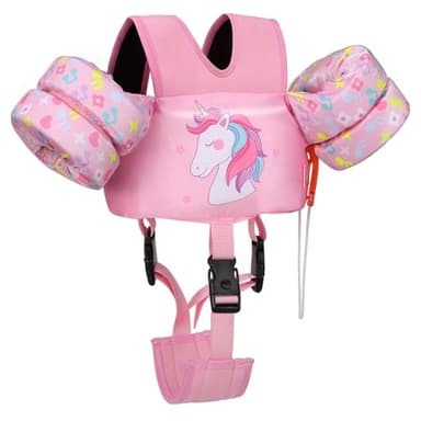 MoKo 13-20-30lbs Toddler Floaties Arm Floaties, Toddler Swim Vest Cartoon Swim Arm Band for Kids with Crotch Strap Pool Float Vests Sleeves Shoulder Straps Learn to Swim, Pale Pink & Note Unicorn - Image 1